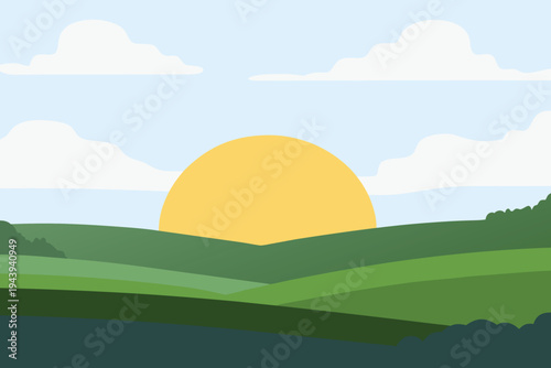 Sunrise Over Rolling Green Hills with Clouds in a Flat Design Style