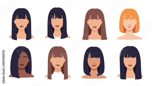 Set of eight female character avatars showcasing various modern hairstyles, hair colors, and diverse skin tones.