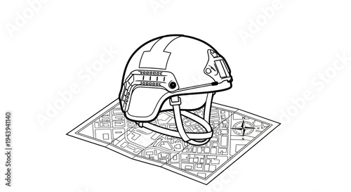 Military helmet on a map, tactical planning, strategy, and navigation concept