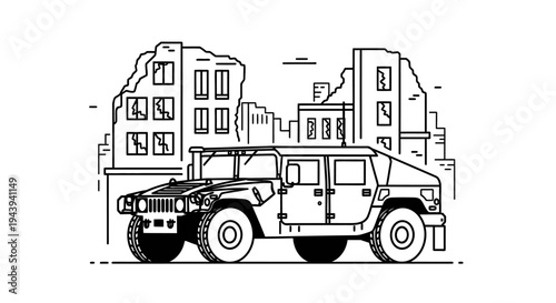 Military Humvee Vehicle in Ruined Cityscape - Black and White Line Art