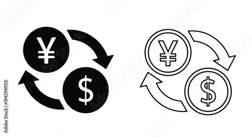 Currency Exchange Icons Set with Yen and Dollar Symbols - Line and glyph icon set - Minimalist, flat icon, outline, glyph, linear, clipart, sticker - icon set