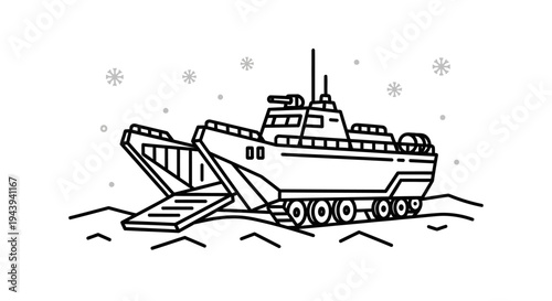 Military Landing Craft with Open Ramp, Snowflakes Falling, Line Art Illustration