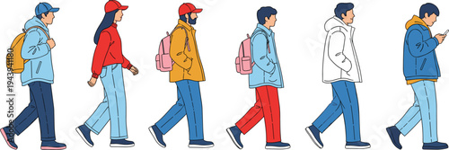Diverse young people walking in colorful casual winter outfits, vector fashion illustration, backpacks, jackets, wide pants, trendy street style group motion