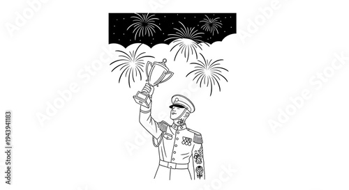 Military Officer Celebrates Victory with Trophy and Fireworks Display