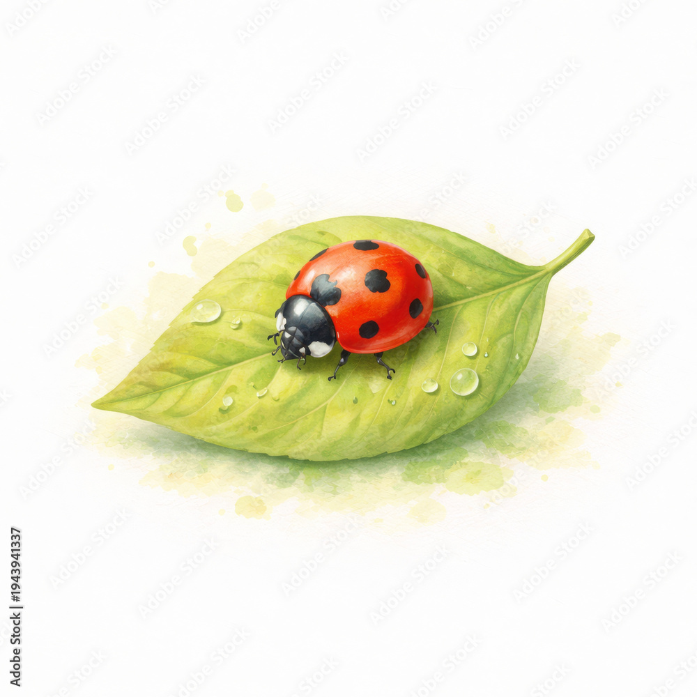 Naklejka premium Peaceful ladybug resting on green leaf watercolor illustration. Tiny insect with dew red beetle nature garden style. Serene artistic painting showing gentle morning moisture