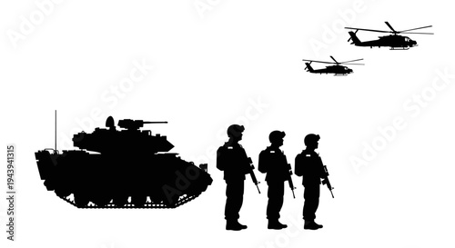 Military Power: Tank, Soldiers, and Helicopters Silhouette