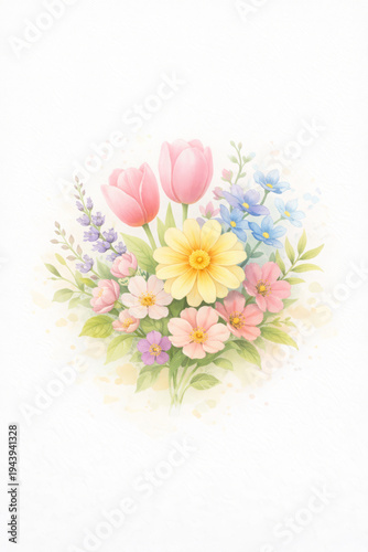 Watercolor blossom floral spring garden pastel tulip daisy bouquet flower arrangement evokes joyful peaceful serene cheerful feeling with soft color palette for card design and decoration
