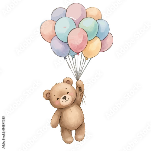 Cute teddy bear holding colorful balloons for a birthday celebration cartoon illustration