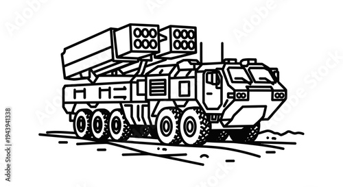 Military Rocket Launcher Truck - Line Art Illustration