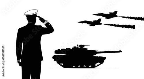 Military Salute: Officer, Tank, and Fighter Jets in Silhouette
