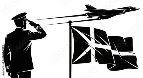 Military Salute: Pilot and Jet Fly Past National Flag