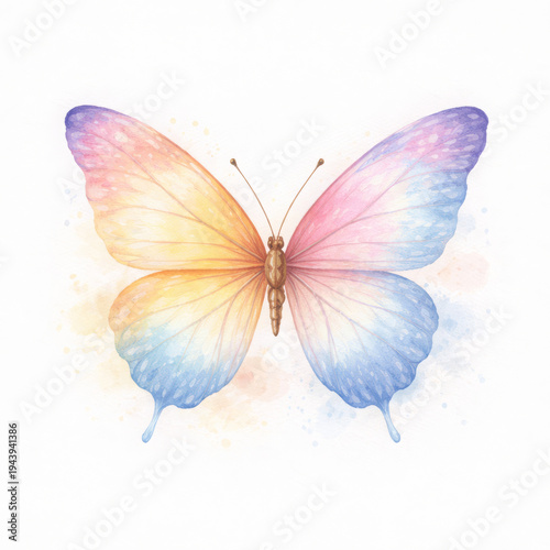 Watercolor butterfly pastel insect colorful wing nature paint art illustration creates joyful peaceful serene atmosphere. Soft brush stroke design element provides light bright vibrant feel