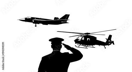 Military Salute: Officer Honors Jet and Helicopter in Sky