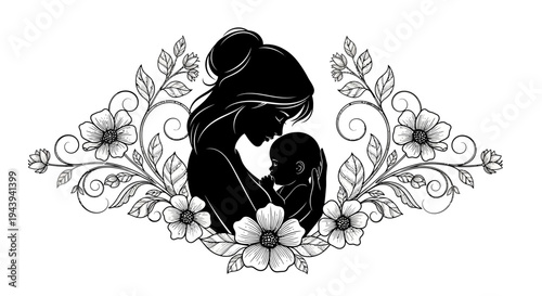 Mother Holding Baby Silhouette Illustration.