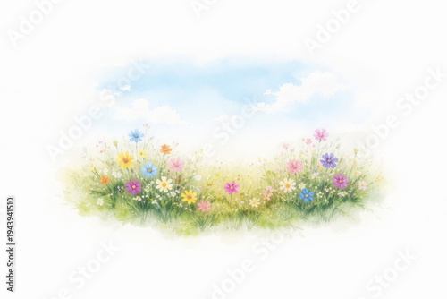 Watercolor painting depicts wildflower meadow under blue sky. Bloom garden blossom flora grass nature create peaceful serene atmosphere. Joyful spring landscape brings tranquil happy feeling