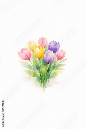 Tulip bouquet watercolor flower blossom spring colorful petal leaf plant brings joyful mood for celebration greeting card background decoration isolated white illustration