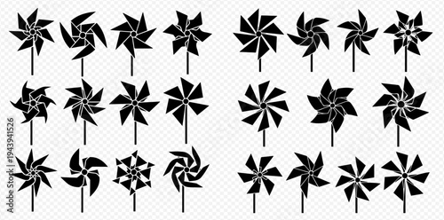 Collection of black pinwheel icons and symbols, featuring various shapes and styles for decorative purposes.