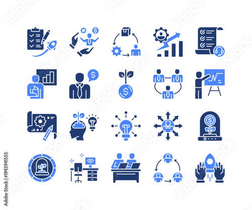 Startup Growth Icon Collection,  featuring Startup Support, Business Plan, Innovation, Growth Mindset, Networking, Investor Relations, Prototype.