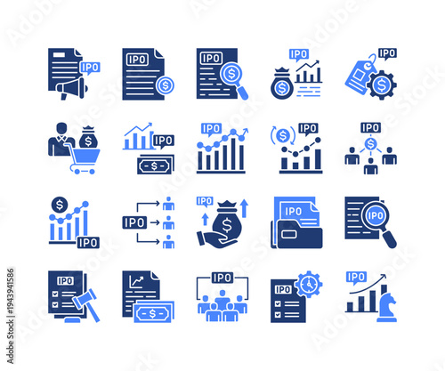 Market Offering Icon Collection,  featuring IPO Market, Capital Raising, Public Offering, Shareholders, Equity Pricing, Market Strategy, Regulations.
