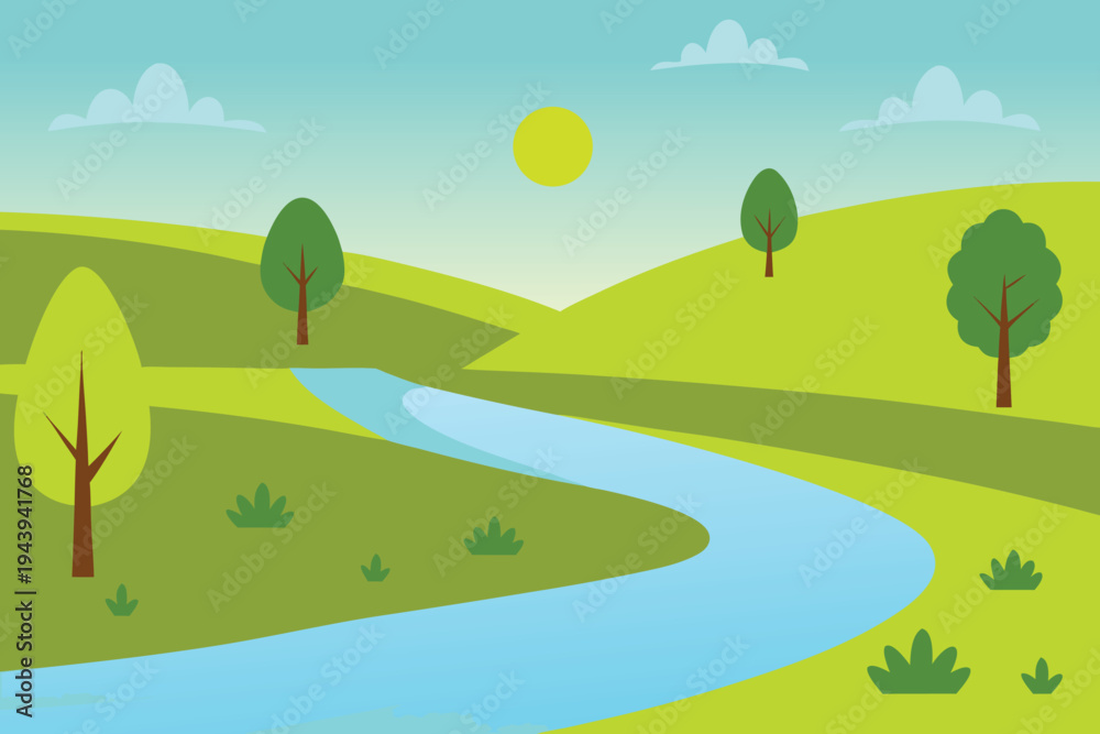 Fototapeta premium Winding River Through Green Hills Under Sunny Sky with Clouds Flat Design