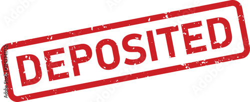 A clear rectangular red grunge rubber stamp with the word deposited visible on a pristine white background