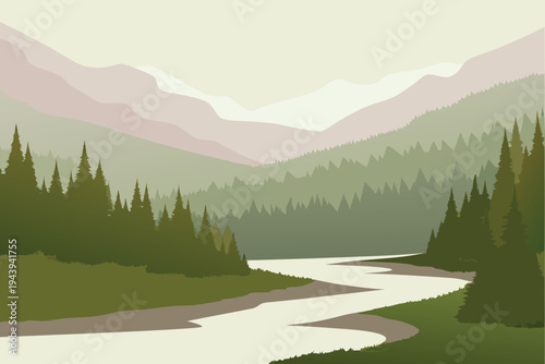Fotografie Winding River Through Evergreen Forest and Misty Mountains Nature Landscape Vect