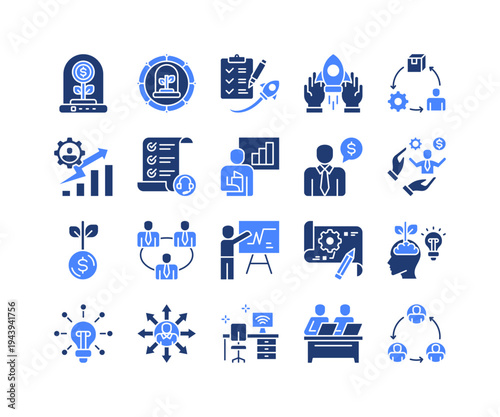 Startup Incubator Icon Collection,  featuring Business Incubator, Startup, Entrepreneur, Product Development, Funding, Pitching, Workspace.