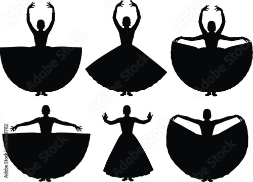 Stylized dancer silhouettes, black and white artwork, expressive dance poses, flowing skirt illustration, cultural performance design, elegant motion figure artwork