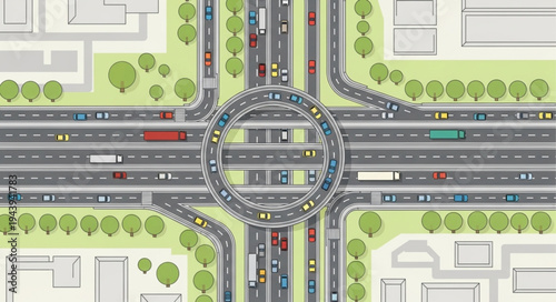 Aerial View of a Busy Roundabout Intersection with Traffic.