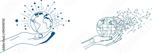 Silhouette of a man jumping over a globe of the world with digital network design
