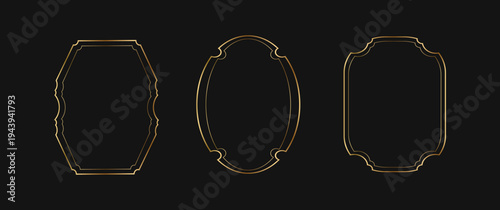 Set of gold vintage frames on dark background. Gold shiny glowing elements for birthday, wedding, Christmas. Realistic vector illustration