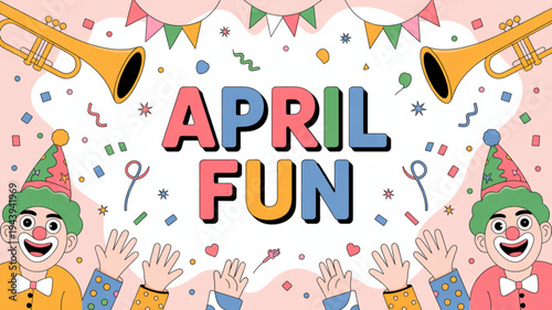 Colorful clowns celebrating april with festive confetti and trumpets