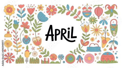 Colorful april month illustration with floral wreath and springtime icons
