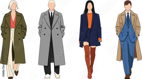 Elegant people in long trench coats and overcoats, vector fashion illustration, olive grey navy beige camel winter outerwear, modern chic style group