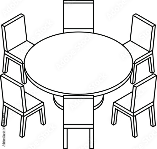 Round dining table with six chairs top view outline vector illustration furniture layout for restaurant home interior seating arrangement design