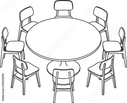 Round dining table with chairs top view line art vector illustration modern dining furniture layout for restaurant home interior design concept