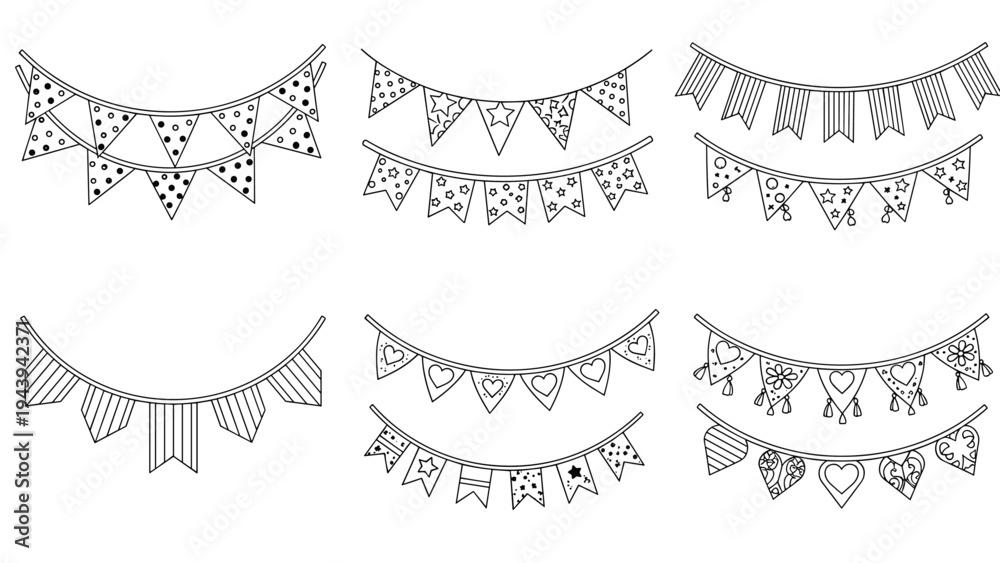 Fototapeta premium Collection of festive bunting and banner outlines featuring different shapes like triangles and hearts with various patterns.