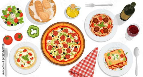 Overhead View of Italian Food Spread on a Table.