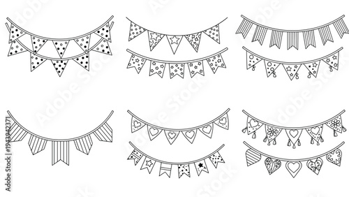 Collection of festive bunting and banner outlines featuring different shapes like triangles and hearts with various patterns.
