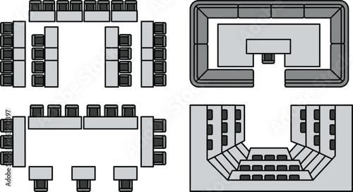 Office seating layout top view workspace furniture arrangement meeting room conference table classroom plan interior design floor layout vector illustration