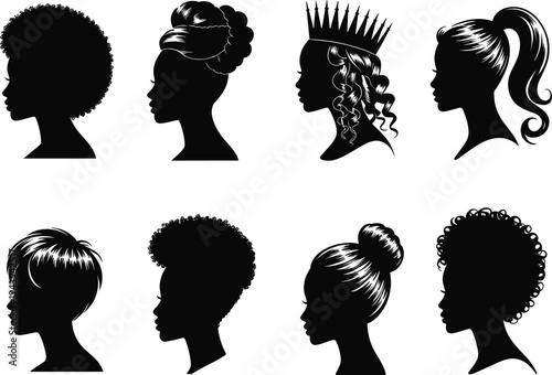 Elegant female silhouette hairstyle collection showing diverse hair types, buns, curls and crowns for beauty, fashion design illustration isolated on white background vector
