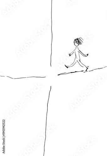 Hand-drawn monochrome line illustration of a person walking towards a crossroads representing life choices, drawn with pen strokes