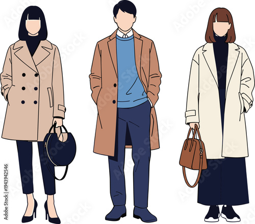 Elegant people in stylish winter trench coats, vector fashion illustration, beige camel overcoats, handbags, turtlenecks, modern outerwear collection
