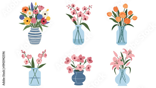 Assortment of six colorful flower arrangements including tulips, orchids, and lilies in various decorative glass vases.