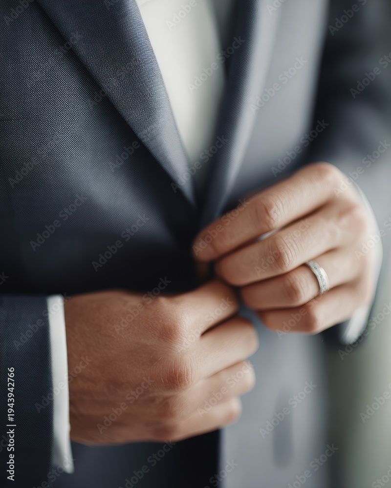 Fototapeta premium Close-up of a bridegroom hands, wearing a wedding ring, adjusting his suit jacket