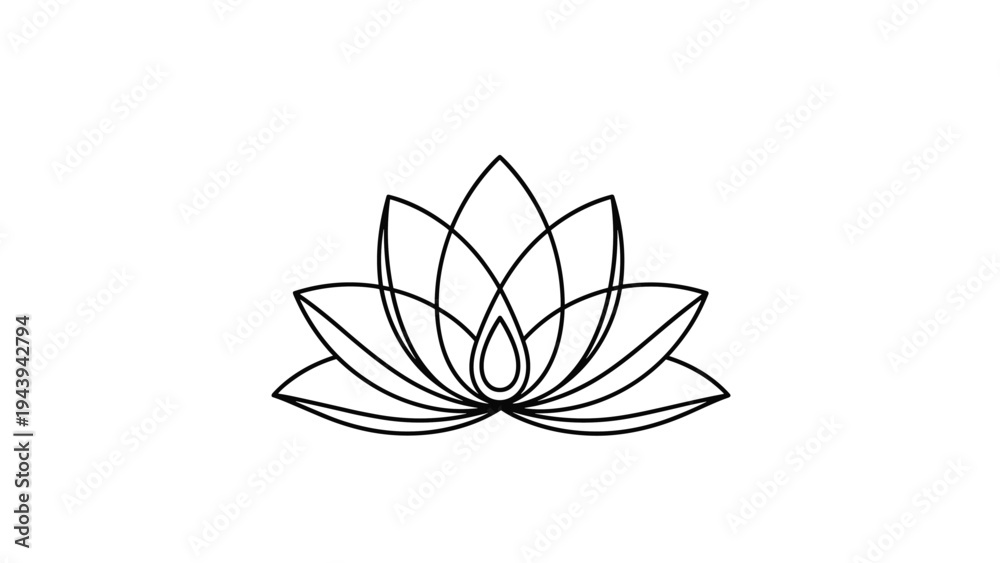 Obraz premium Symmetrical black outline icon of a lotus flower representing purity, enlightenment, and spiritual growth.