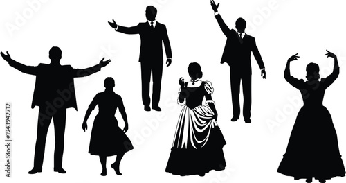 Elegant vintage ballroom dancing silhouettes, men in suits and women in long dresses raising arms joyfully, group celebration dance poses