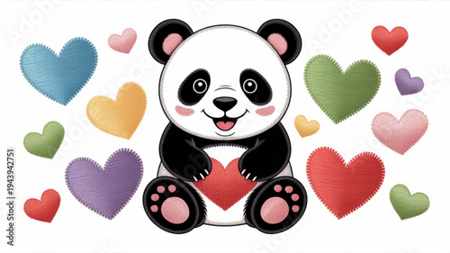 Cute panda bear holding heart surrounded by colorful hearts love and affection concept valentine's day theme