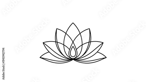 Symmetrical black outline icon of a lotus flower representing purity, enlightenment, and spiritual growth.
