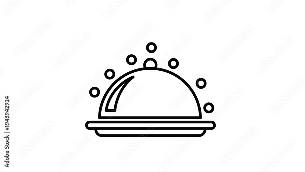 Fototapeta premium Simple black outline icon of a restaurant food cloche on a plate with decorative circular dots above it.